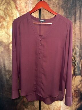 Express Women’s Burgundy Long-Sleeve V-Neck Blouse